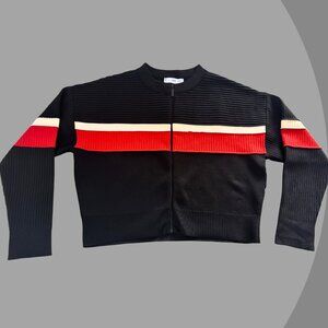 Mango Black Zip-Up Varsity Jacket with Red and Cream Stripes